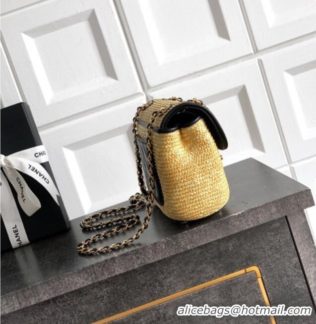 Best Quality Chanel Raffia Straw and Calfskin Small Flap Bag AS5929 Beige/Black 2025