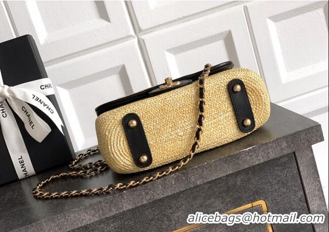 Best Quality Chanel Raffia Straw and Calfskin Small Flap Bag AS5929 Beige/Black 2025
