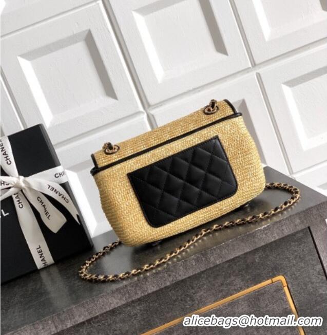Best Quality Chanel Raffia Straw and Calfskin Small Flap Bag AS5929 Beige/Black 2025