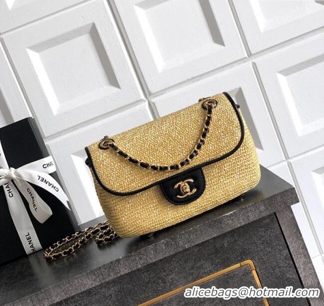 Best Quality Chanel Raffia Straw and Calfskin Small Flap Bag AS5929 Beige/Black 2025