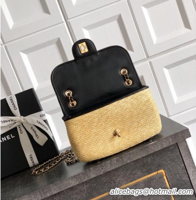 Best Quality Chanel Raffia Straw and Calfskin Small Flap Bag AS5929 Beige/Black 2025