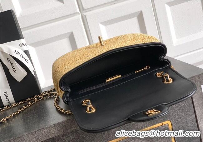 Best Quality Chanel Raffia Straw and Calfskin Small Flap Bag AS5929 Beige/Black 2025