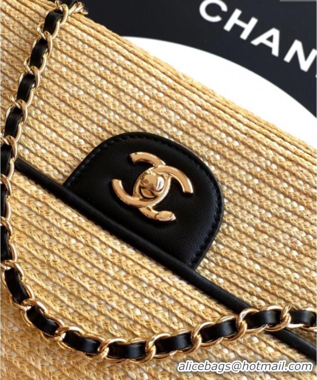 Hot Style Chanel Raffia Straw and Calfskin Large Flap Bag AS5929 Beige/Black 2025