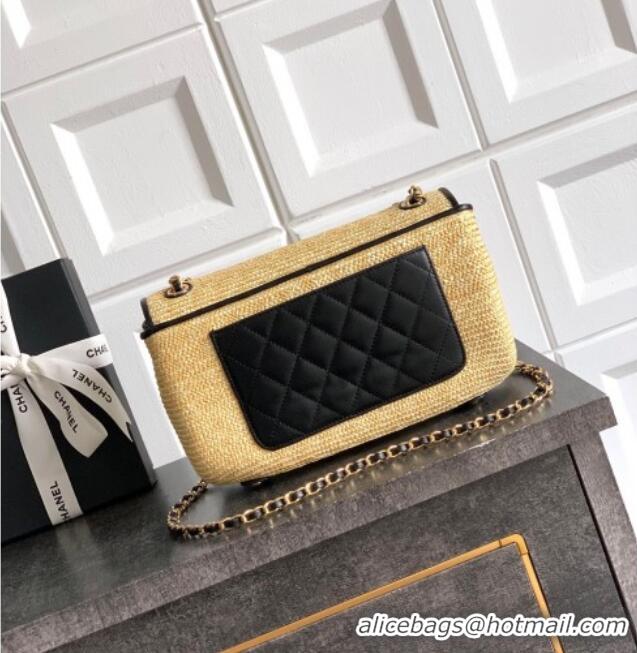 Hot Style Chanel Raffia Straw and Calfskin Large Flap Bag AS5929 Beige/Black 2025