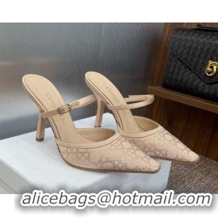 Popular Style Dior Capture Strap Mules 9.5cm in Satin with Strass Cannage Motif Nude 0822082