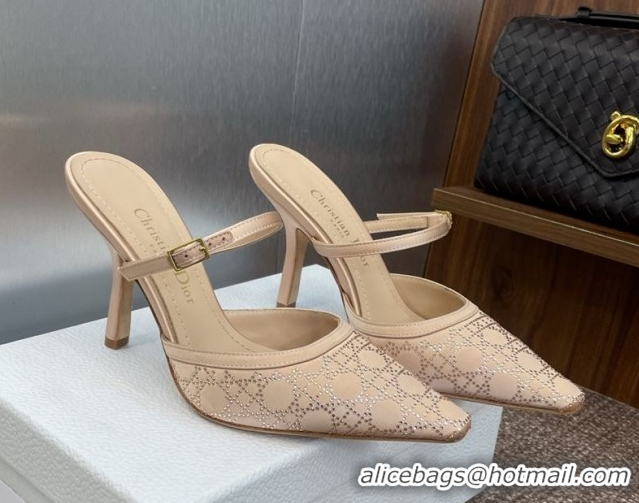 Popular Style Dior Capture Strap Mules 9.5cm in Satin with Strass Cannage Motif Nude 0822082