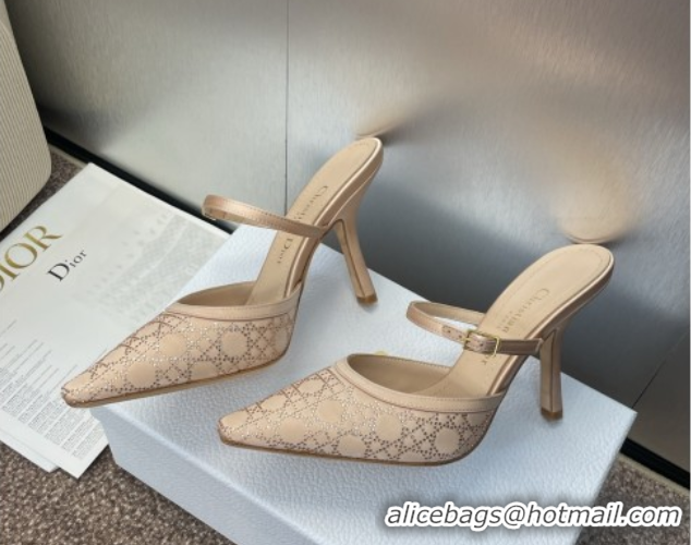 Popular Style Dior Capture Strap Mules 9.5cm in Satin with Strass Cannage Motif Nude 0822082