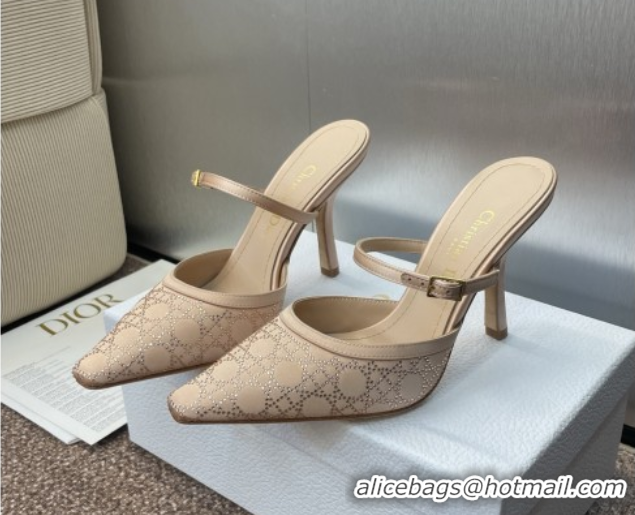 Popular Style Dior Capture Strap Mules 9.5cm in Satin with Strass Cannage Motif Nude 0822082