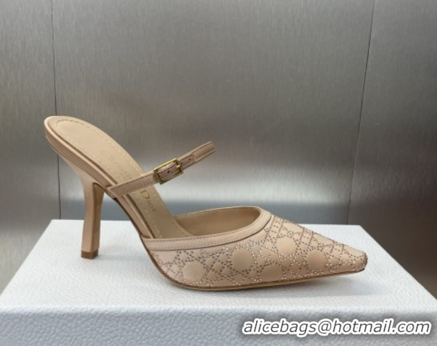 Popular Style Dior Capture Strap Mules 9.5cm in Satin with Strass Cannage Motif Nude 0822082