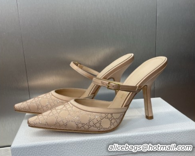 Popular Style Dior Capture Strap Mules 9.5cm in Satin with Strass Cannage Motif Nude 0822082
