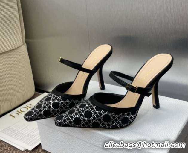 Best Price Dior Capture Strap Mules 9.5cm in Satin with Strass Cannage Motif Black 0822083