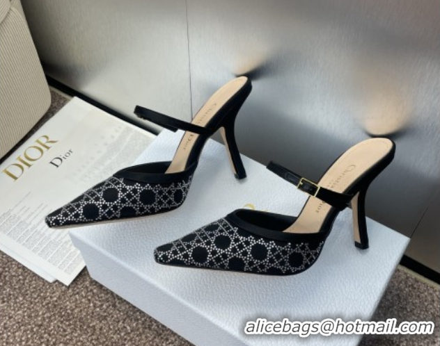 Best Price Dior Capture Strap Mules 9.5cm in Satin with Strass Cannage Motif Black 0822083
