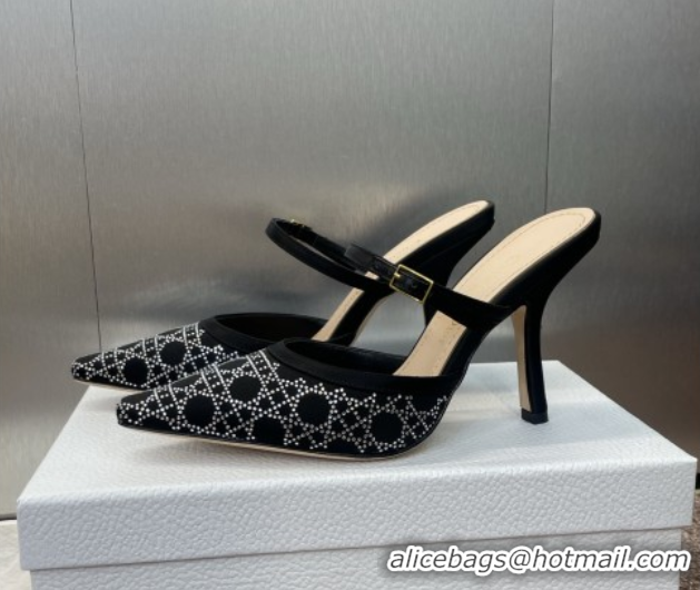 Best Price Dior Capture Strap Mules 9.5cm in Satin with Strass Cannage Motif Black 0822083