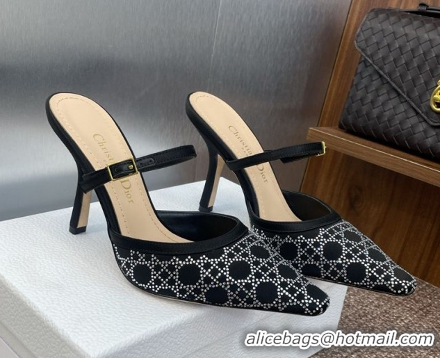 Best Price Dior Capture Strap Mules 9.5cm in Satin with Strass Cannage Motif Black 0822083