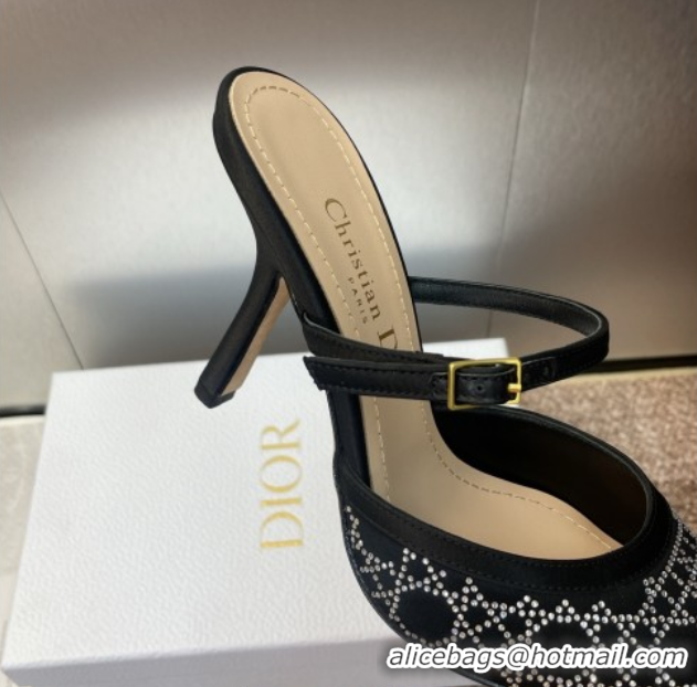 Best Price Dior Capture Strap Mules 9.5cm in Satin with Strass Cannage Motif Black 0822083