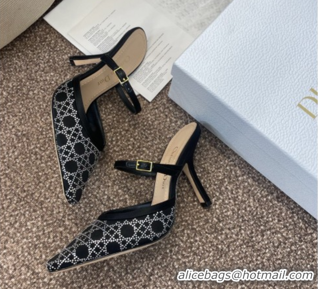 Best Price Dior Capture Strap Mules 9.5cm in Satin with Strass Cannage Motif Black 0822083