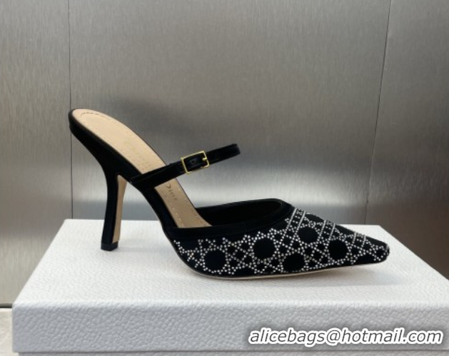 Best Price Dior Capture Strap Mules 9.5cm in Satin with Strass Cannage Motif Black 0822083