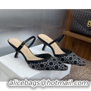 Luxurious Dior Capture Strap Mules 6.5cm in Satin with Strass Cannage Motif Black 0822085