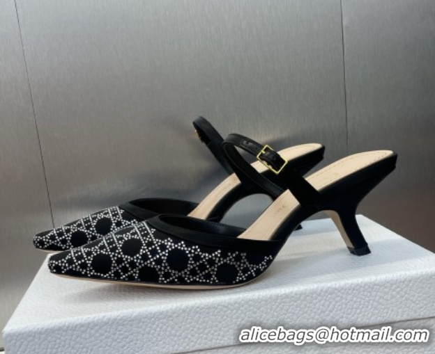 Luxurious Dior Capture Strap Mules 6.5cm in Satin with Strass Cannage Motif Black 0822085