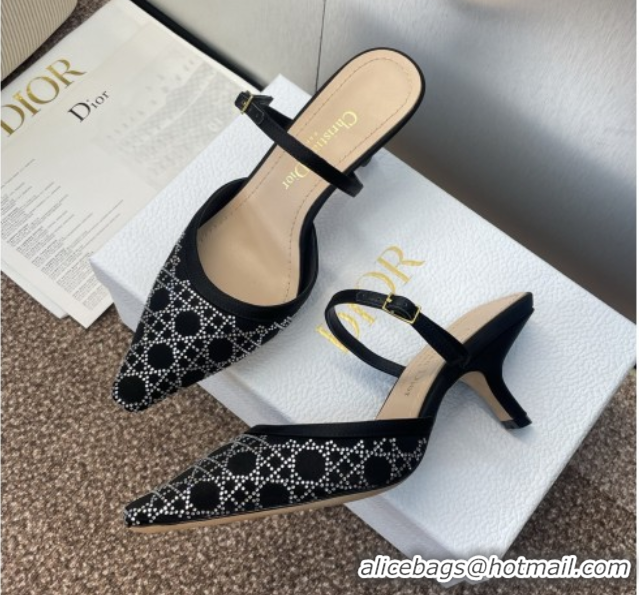 Luxurious Dior Capture Strap Mules 6.5cm in Satin with Strass Cannage Motif Black 0822085