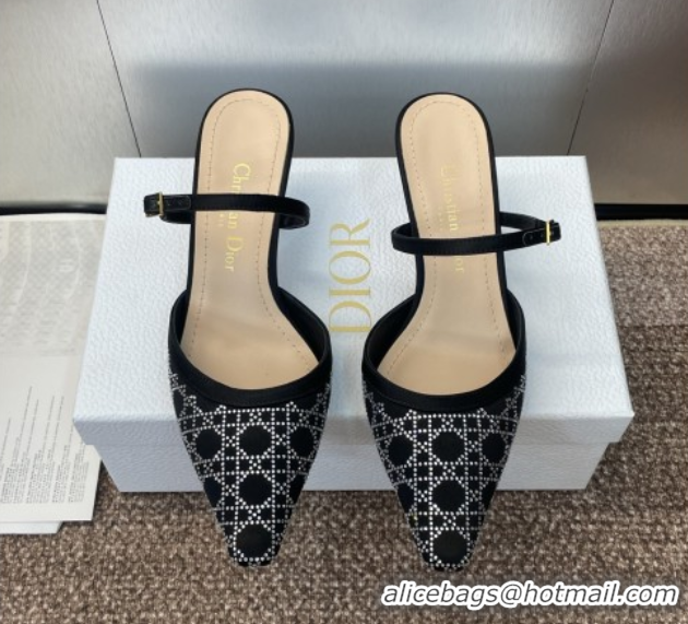 Luxurious Dior Capture Strap Mules 6.5cm in Satin with Strass Cannage Motif Black 0822085