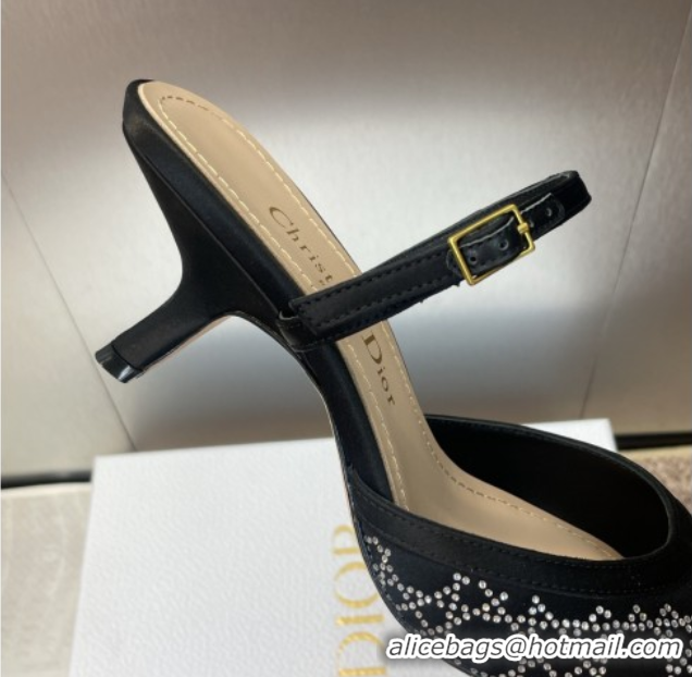 Luxurious Dior Capture Strap Mules 6.5cm in Satin with Strass Cannage Motif Black 0822085