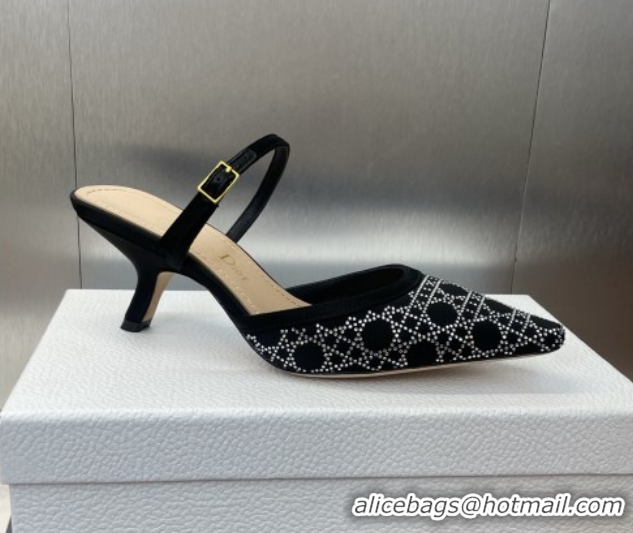 Luxurious Dior Capture Strap Mules 6.5cm in Satin with Strass Cannage Motif Black 0822085