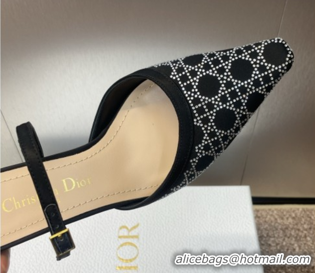 Luxurious Dior Capture Strap Mules 6.5cm in Satin with Strass Cannage Motif Black 0822085