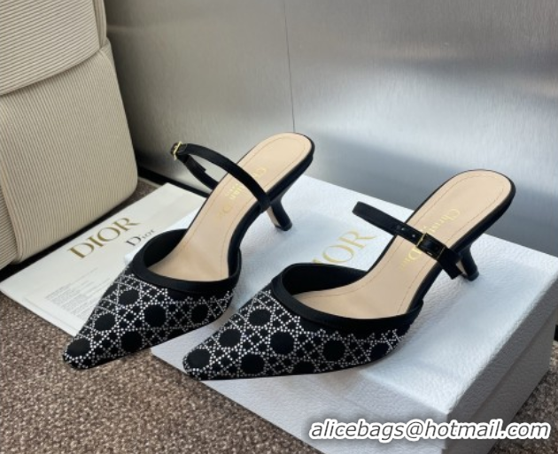 Luxurious Dior Capture Strap Mules 6.5cm in Satin with Strass Cannage Motif Black 0822085