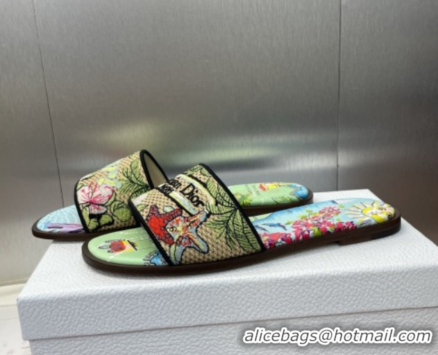 Classic Hot Dior Dway Flat Slides Sandal in Straw and Embroidered Cotton Green/Blue DR082204 50822086