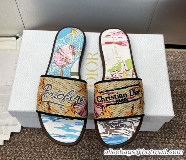 Good Quality Dior Dway Flat Slides Sandal in Straw and Embroidered Cotton Blue/White DR082204 0822087