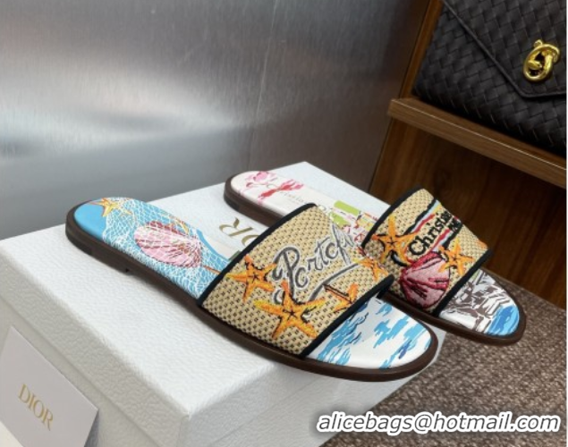 Good Quality Dior Dway Flat Slides Sandal in Straw and Embroidered Cotton Blue/White DR082204 0822087