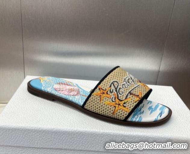 Good Quality Dior Dway Flat Slides Sandal in Straw and Embroidered Cotton Blue/White DR082204 0822087