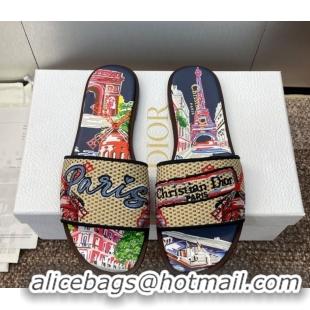 Stylish Dior Dway Flat Slides Sandal in Straw and Embroidered Cotton Deep Blue DR082204 0822088