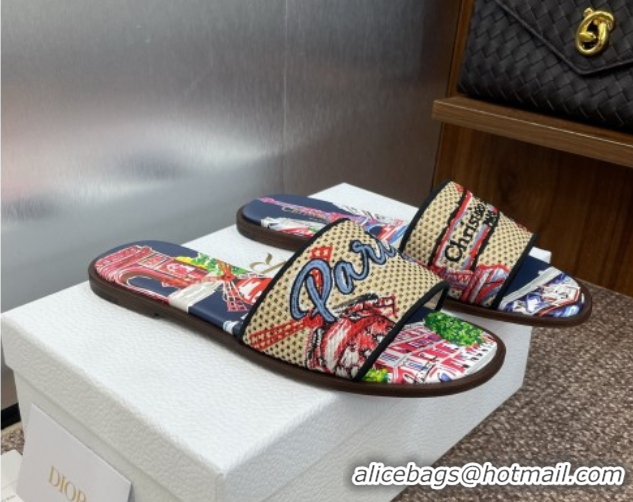 Stylish Dior Dway Flat Slides Sandal in Straw and Embroidered Cotton Deep Blue DR082204 0822088