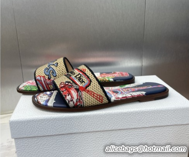 Stylish Dior Dway Flat Slides Sandal in Straw and Embroidered Cotton Deep Blue DR082204 0822088