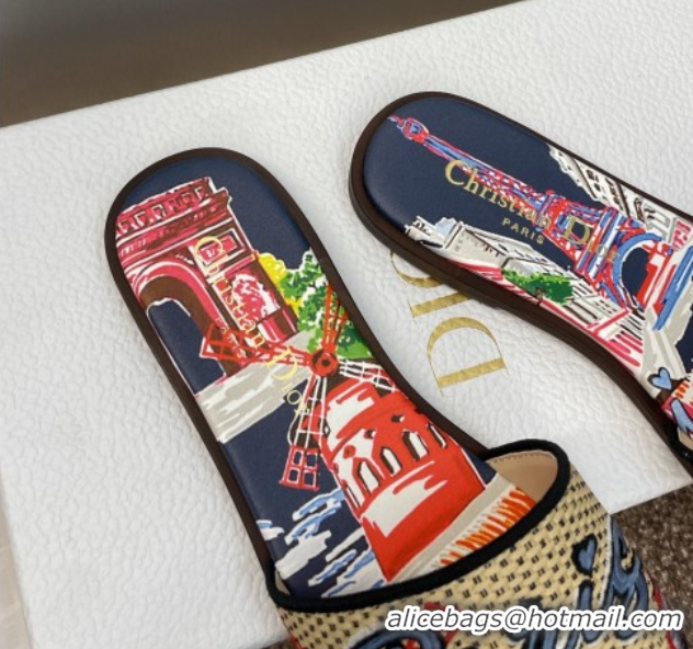 Stylish Dior Dway Flat Slides Sandal in Straw and Embroidered Cotton Deep Blue DR082204 0822088