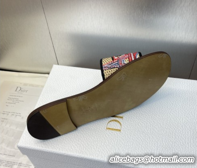 Stylish Dior Dway Flat Slides Sandal in Straw and Embroidered Cotton Deep Blue DR082204 0822088