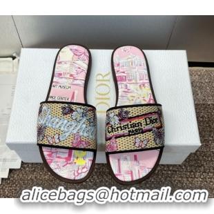 Buy Luxury Dior Dway Flat Slides Sandal in Straw and Embroidered Cotton Light Pink DR082204 0822089