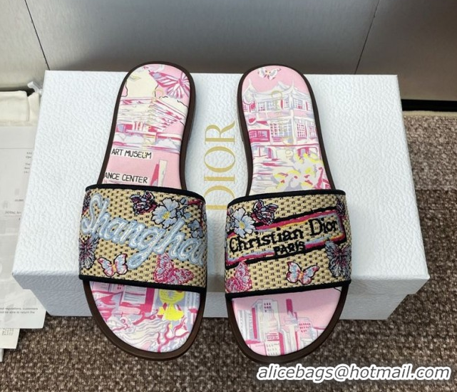 Buy Luxury Dior Dway Flat Slides Sandal in Straw and Embroidered Cotton Light Pink DR082204 0822089