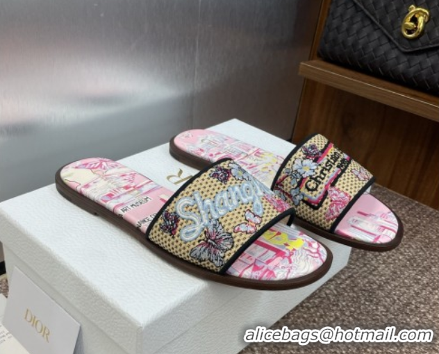 Buy Luxury Dior Dway Flat Slides Sandal in Straw and Embroidered Cotton Light Pink DR082204 0822089