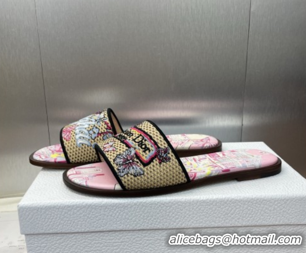 Buy Luxury Dior Dway Flat Slides Sandal in Straw and Embroidered Cotton Light Pink DR082204 0822089