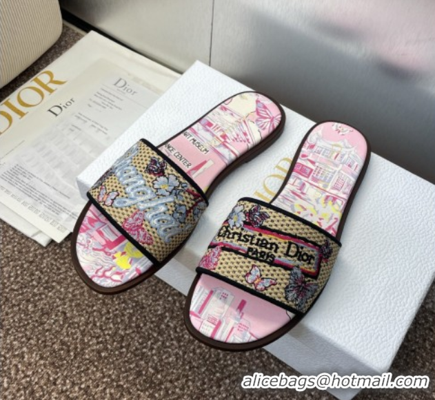 Buy Luxury Dior Dway Flat Slides Sandal in Straw and Embroidered Cotton Light Pink DR082204 0822089