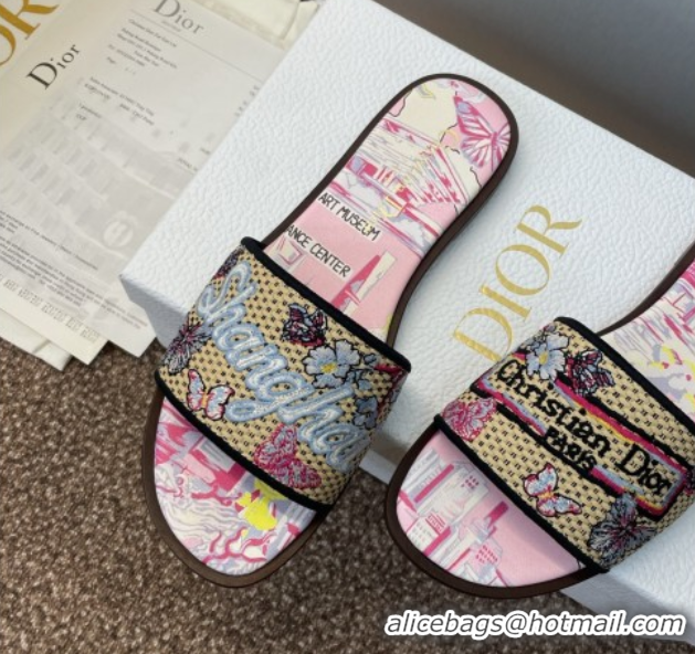 Buy Luxury Dior Dway Flat Slides Sandal in Straw and Embroidered Cotton Light Pink DR082204 0822089