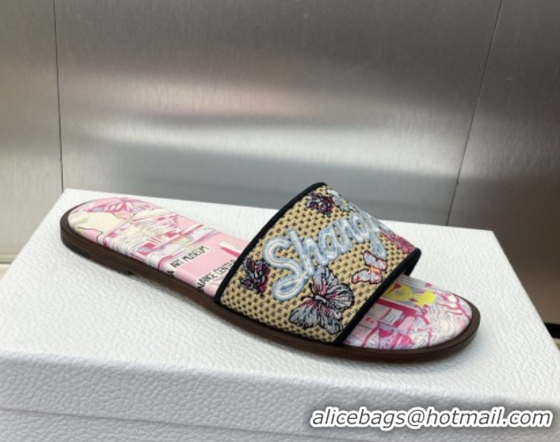 Buy Luxury Dior Dway Flat Slides Sandal in Straw and Embroidered Cotton Light Pink DR082204 0822089