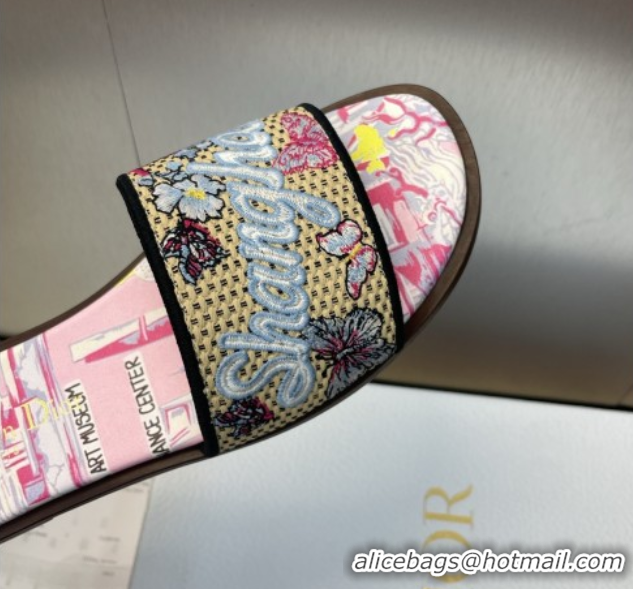 Buy Luxury Dior Dway Flat Slides Sandal in Straw and Embroidered Cotton Light Pink DR082204 0822089