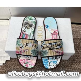 Sumptuous Dior Dway Flat Slides Sandal in Straw and Embroidered Cotton Light Blue DR082204 0822090