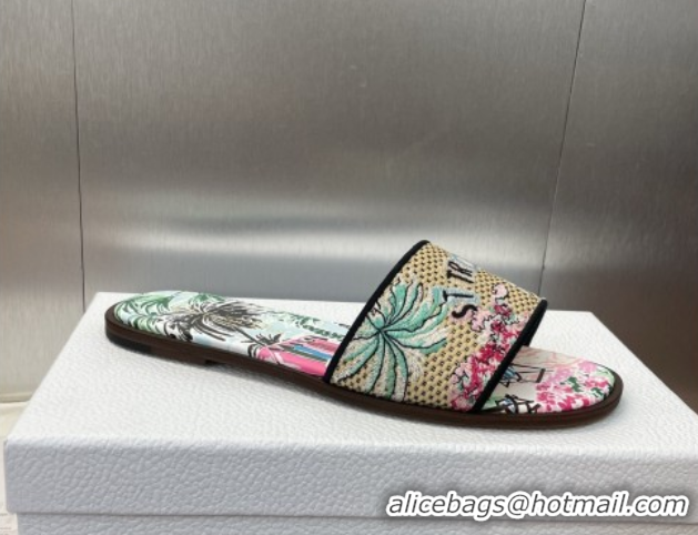 Sumptuous Dior Dway Flat Slides Sandal in Straw and Embroidered Cotton Light Blue DR082204 0822090