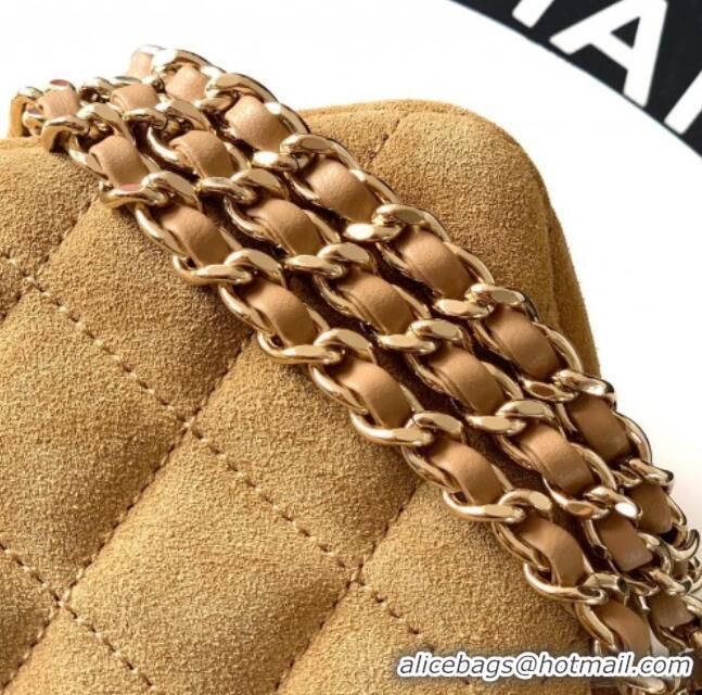 Luxury Classic Chanel Suede Zipped Phone Holder with Chain and Strass CH101102 Brown 2025