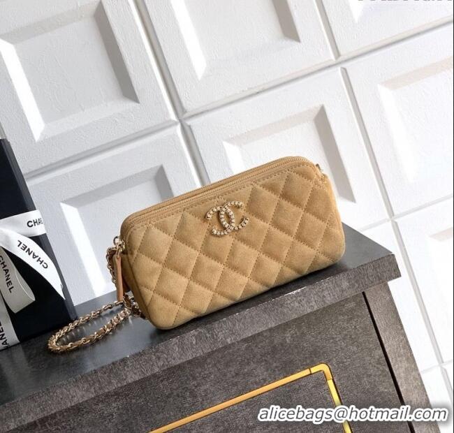 Luxury Classic Chanel Suede Zipped Phone Holder with Chain and Strass CH101102 Brown 2025
